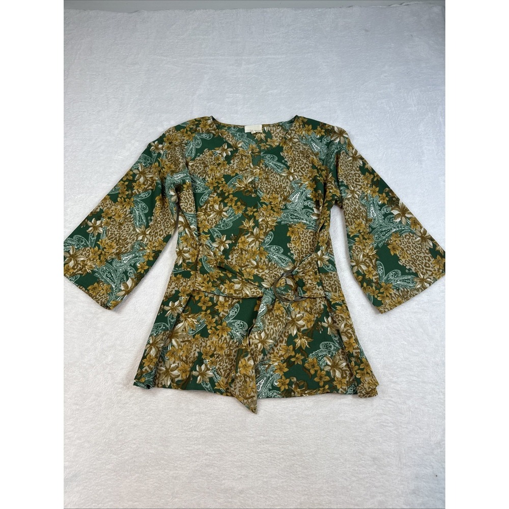 Women's Blouse Medium Green Boho Hippie Floral Paisley Wrap Top Stretch Nature